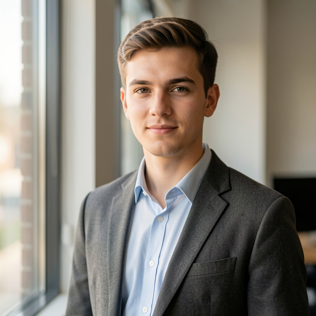 Editorial portrait of Tobias Marsden, associate editor and researcher, standing near a window in a minimal editorial space with afternoon light