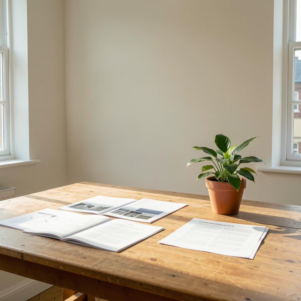 Wide view of a minimal editorial studio in London, pale walls and wooden worktable, afternoon light pooling on printed research papers and a single potted plant