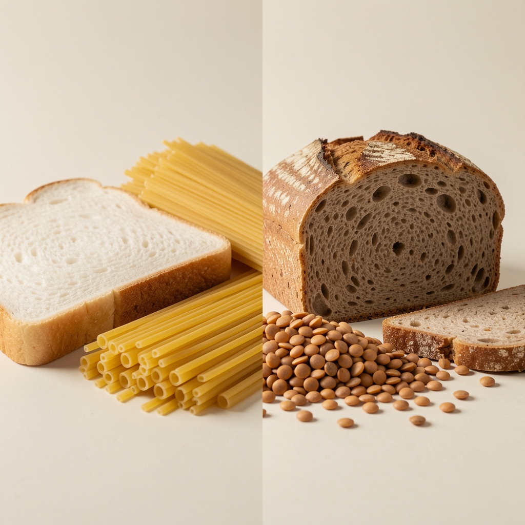 Split editorial composition — left side showing white bread and refined pasta, right side showing whole grain bread and brown lentils, pale neutral background
