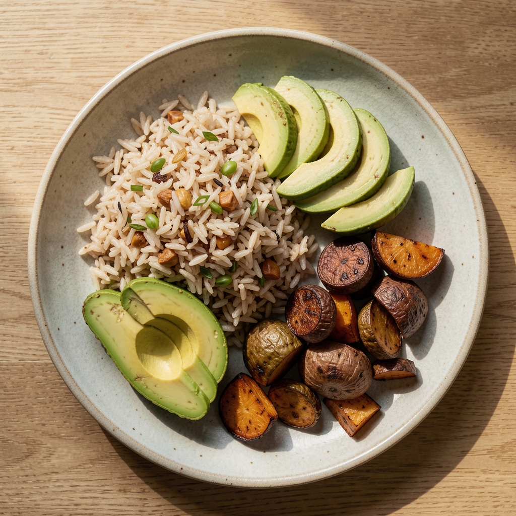 Overhead view of a wholesome midday meal spread — brown rice, sliced avocado, roasted root vegetables on an unglazed ceramic plate, natural afternoon light