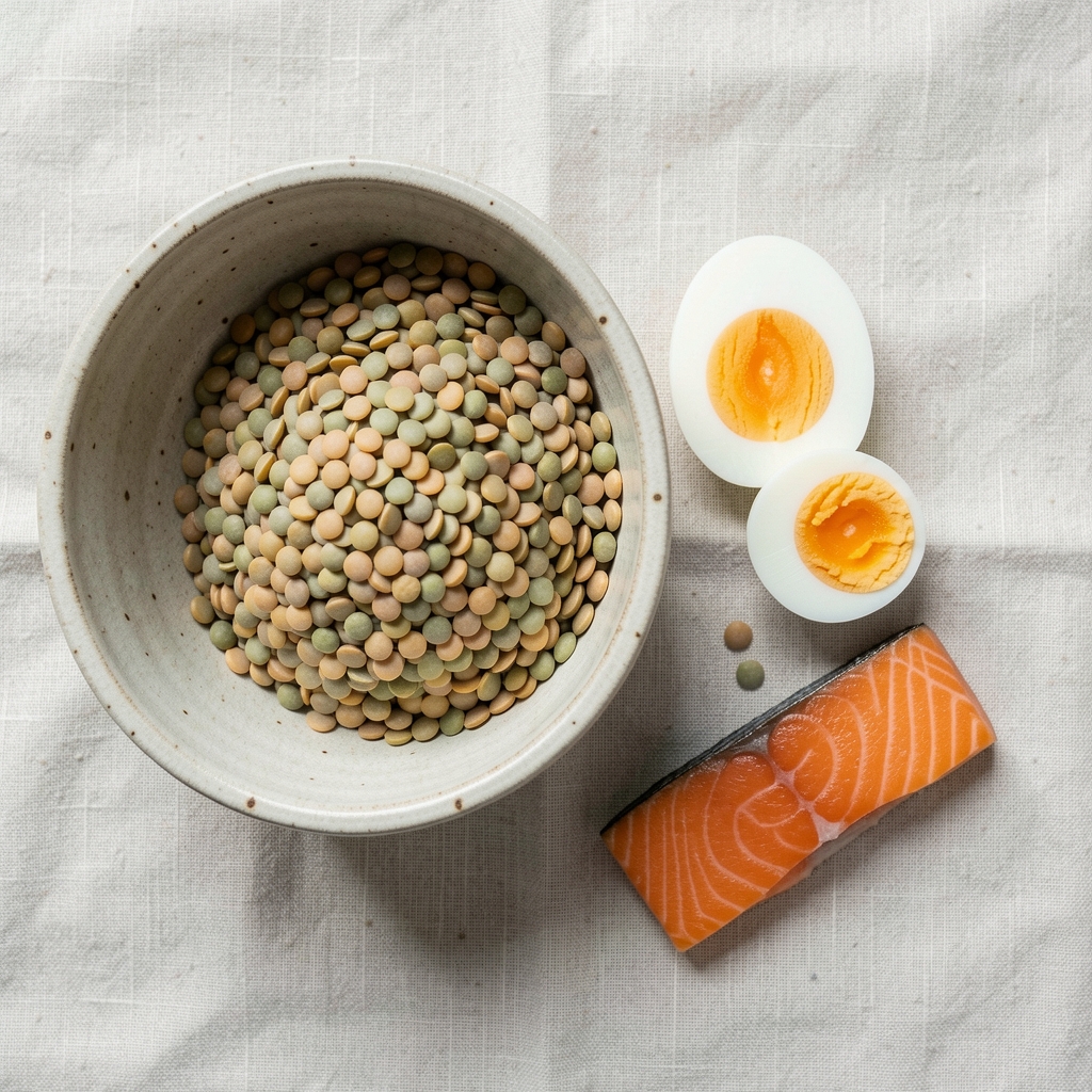Flat-lay arrangement of protein-rich whole foods — lentils in a ceramic bowl, a halved hard-boiled egg, a small fillet of salmon, all on a pale linen cloth under diffuse daylight