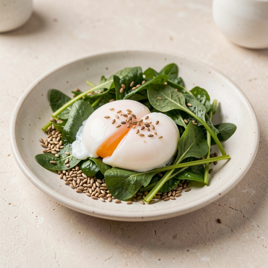 Close-up of a neatly composed protein-focused lunch — poached eggs, leafy greens, seeds on a pale stone surface, editorial food photography