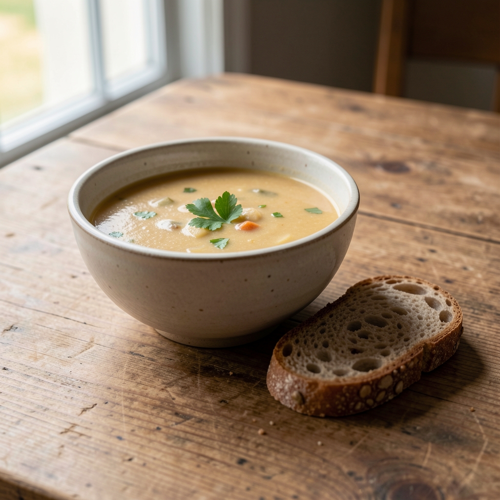 A simple ceramic bowl of soup with a piece of whole-grain bread beside it, placed on a wooden table — the setting unhurried, afternoon light entering from the left